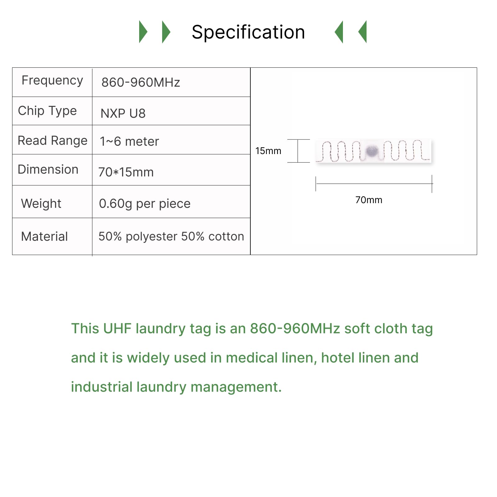 Fongwah UHF Lot de 20 étiquettes de linge RFID 70 x 15 mm avec puce Ucode 8 EPC C1 Gen 2 860-960 MHz
