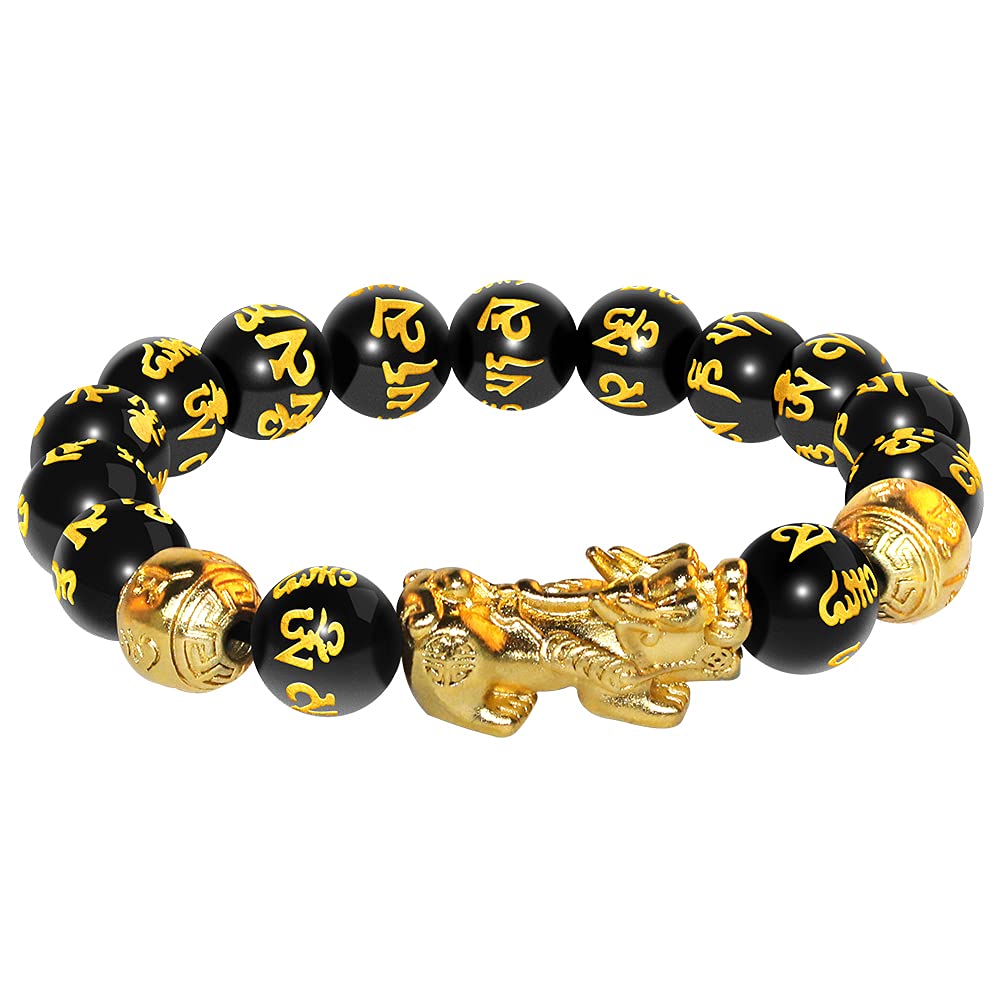 Katomi Pulsera de cuentas de Feng Shui, color negro, pulsera china Pi Xiu, pulsera de obsidiana con amuleto tallado a mano para buena suerte