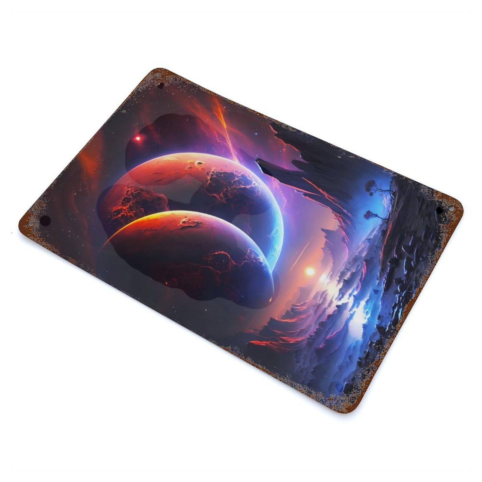 Rust Effect Double Planet Universe Rusty Metal Tin Sign 11.8"x7.9", Old School Wall Decor for Cafe, Home Bar And Lounge Decor
