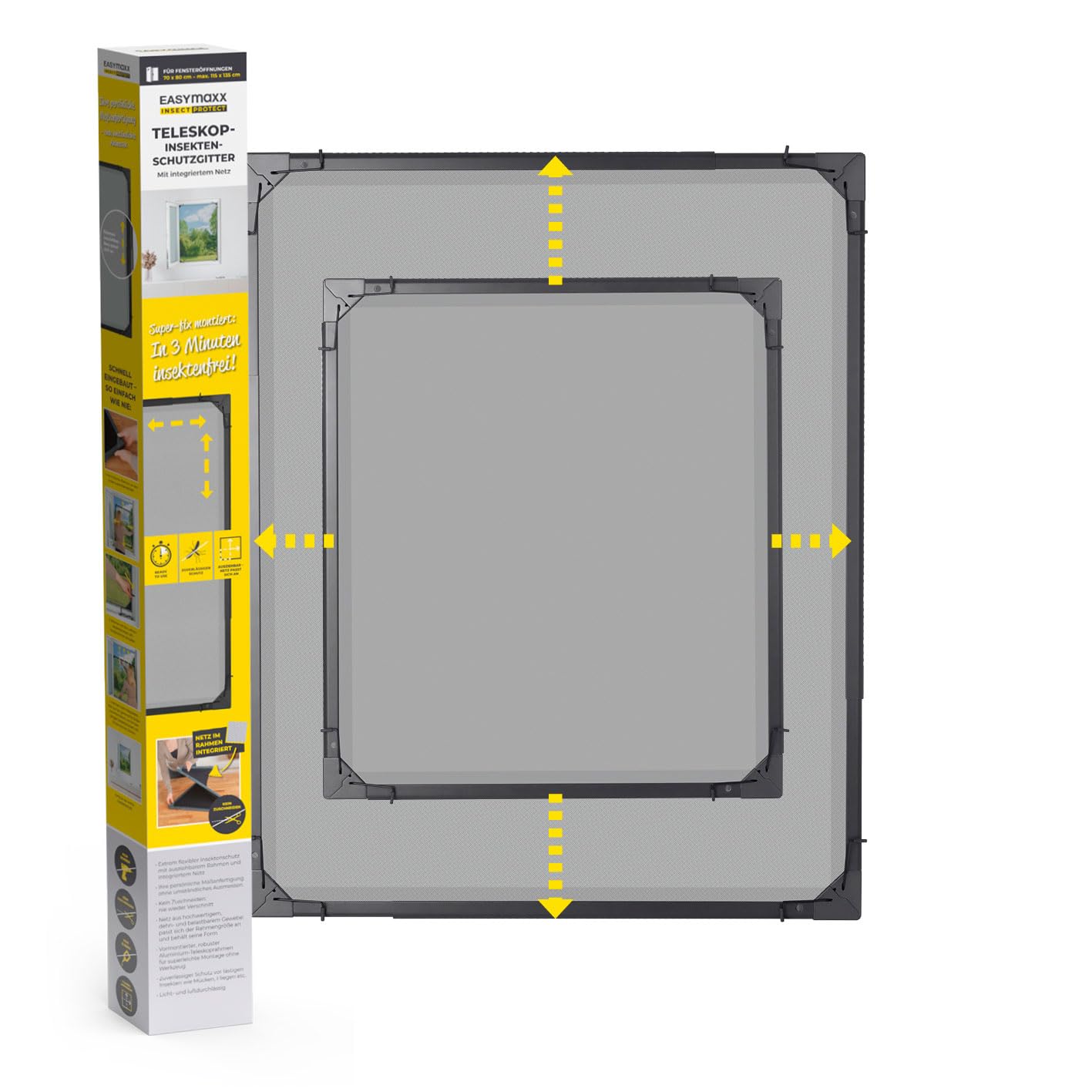EASYmaxx Insect Protect Telescopic Insect Screen Window Fly Screen with Pre-Assembled Frame Extendable Insect Protection Integrated Mosquito Net Anthracite