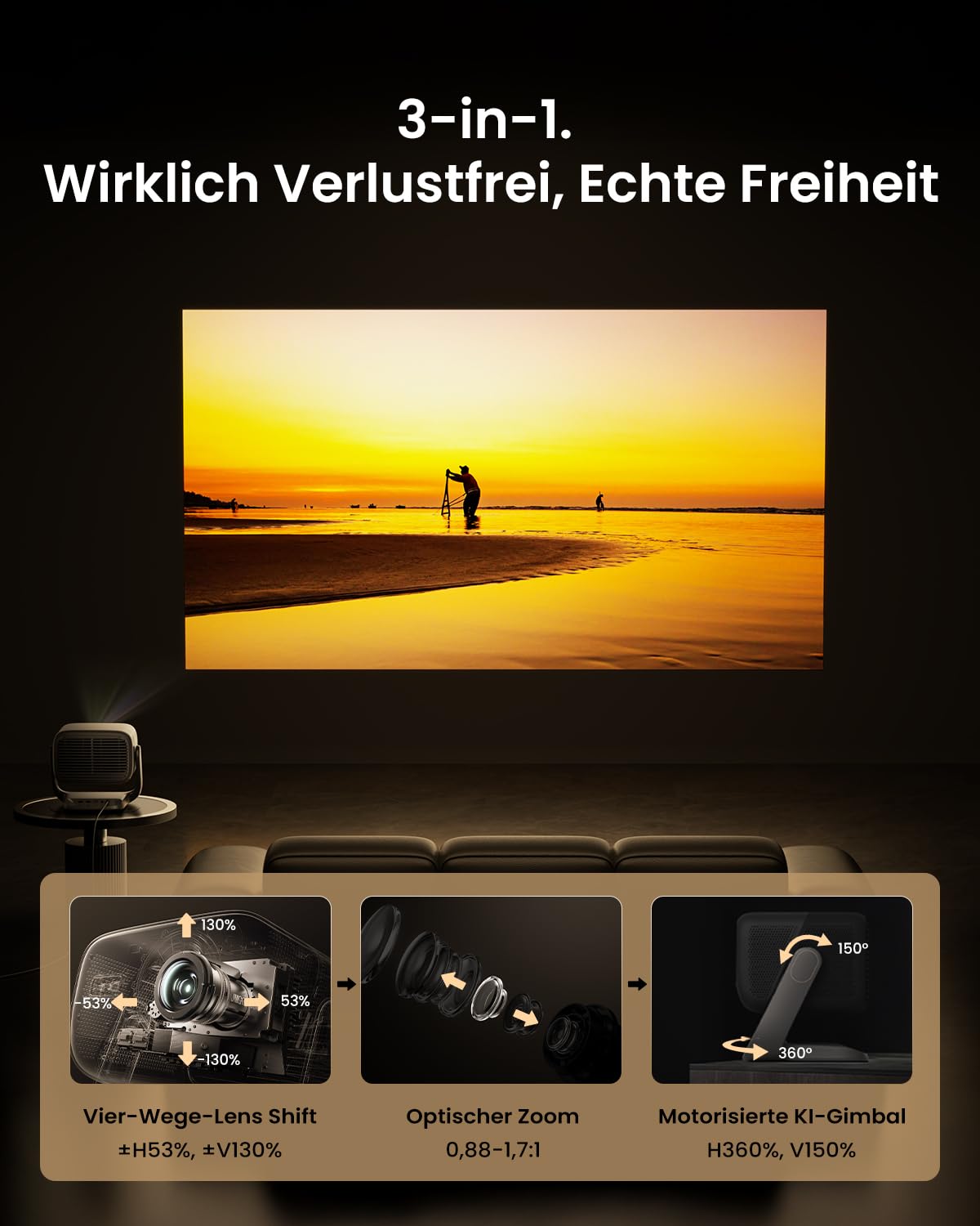 JMGO N3 Ultimate 4K Beamer Triple Laser Heimkino, 5800 ISO Lumen, Google TV mit Netflix, Lens Shift, Optischer Zoom, Motorisierte KI-Gimbal, Dolby Vision, 300", 20000:1 Kontrast, 1ms Gaming, VRR, ALLM