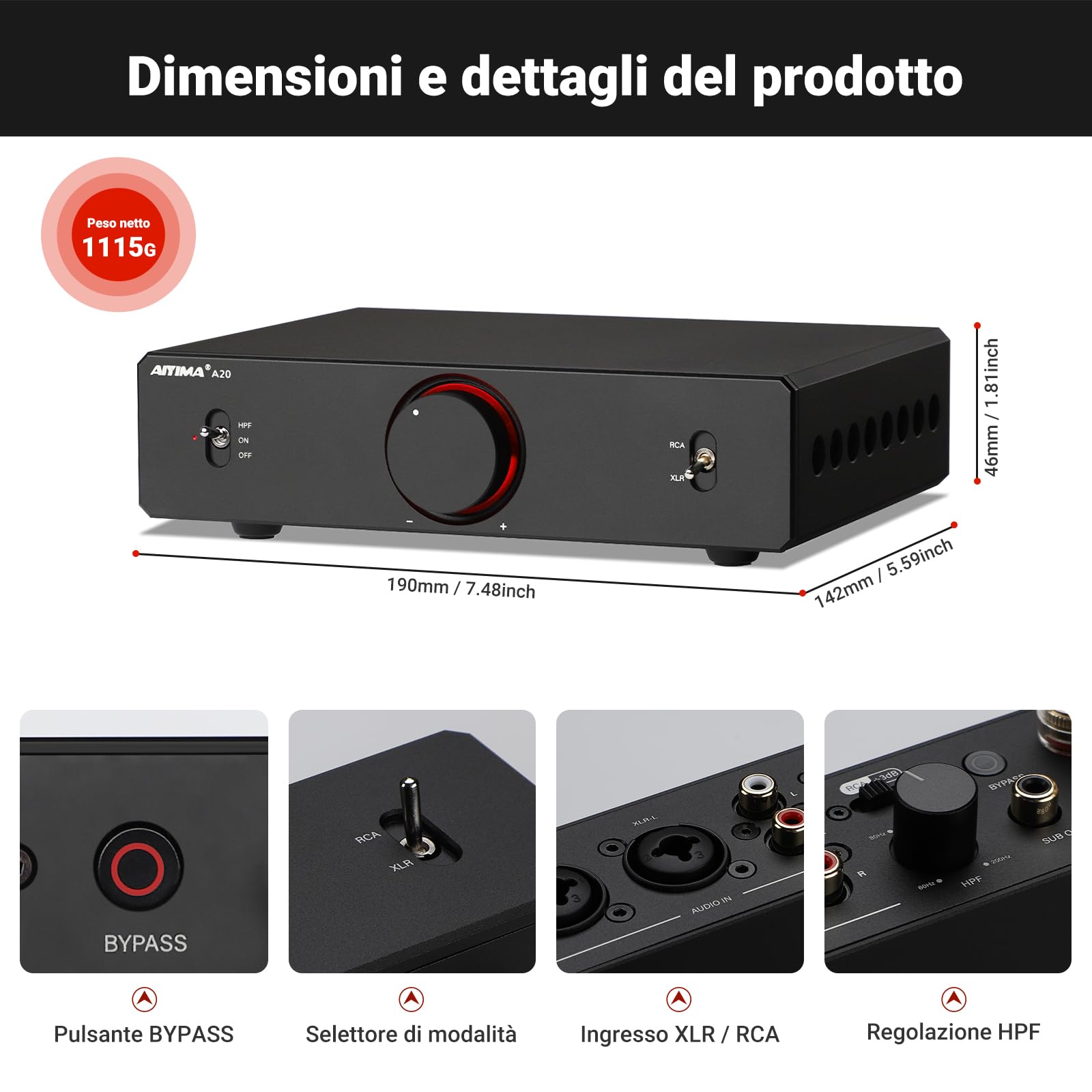 AIYIMA A20 Amplificatore stereo bilanciato con regolazione HPF Home HiFi 2.0/2.1 Amplificatore desktop classe D TPA3255 PFFB con ingresso RCA/XLR e trigger da 12 V per diffusori passivi