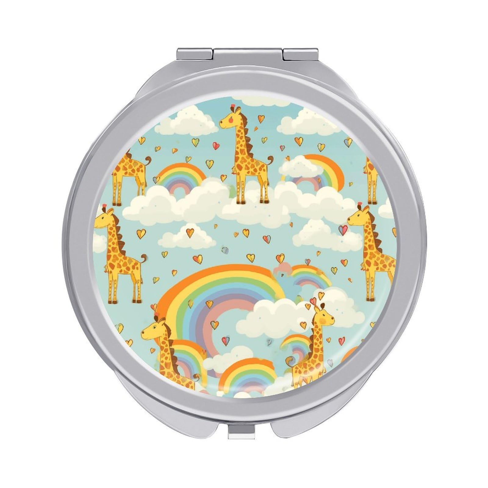 JTREHY Cartoon Giraffe Rainbow and Clouds Makeup Mirror Portable Folding Mirror Compact Travel Mirrors 2-Sided Round Pocket Mirrors Cute Handheld Beauty Mirror for Handbag Purse for Women Gift