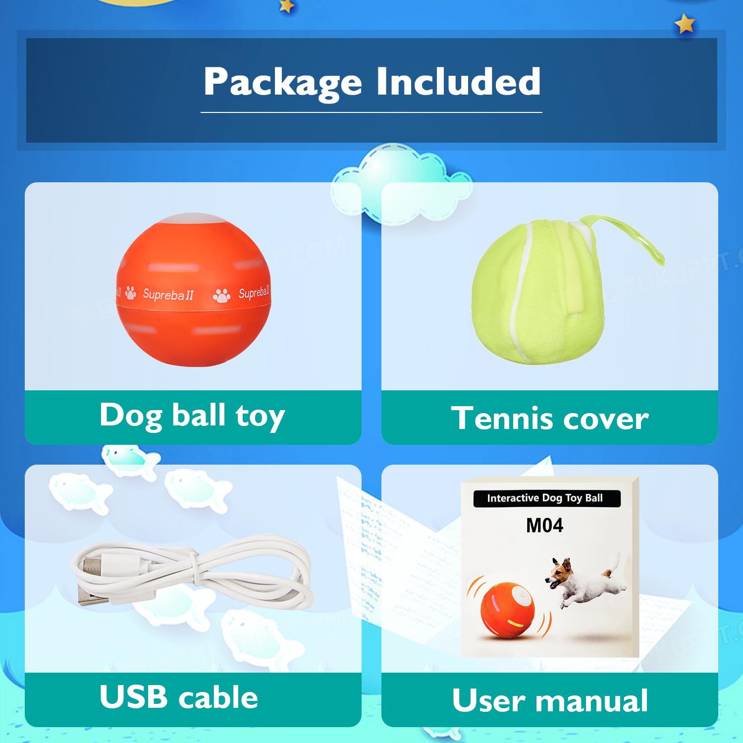 Petiepaw Jouet balle interactive pour chien, robuste, à roulement automatique, pour chiots, petits, moyens chiens, rechargeable par USB (Orange)