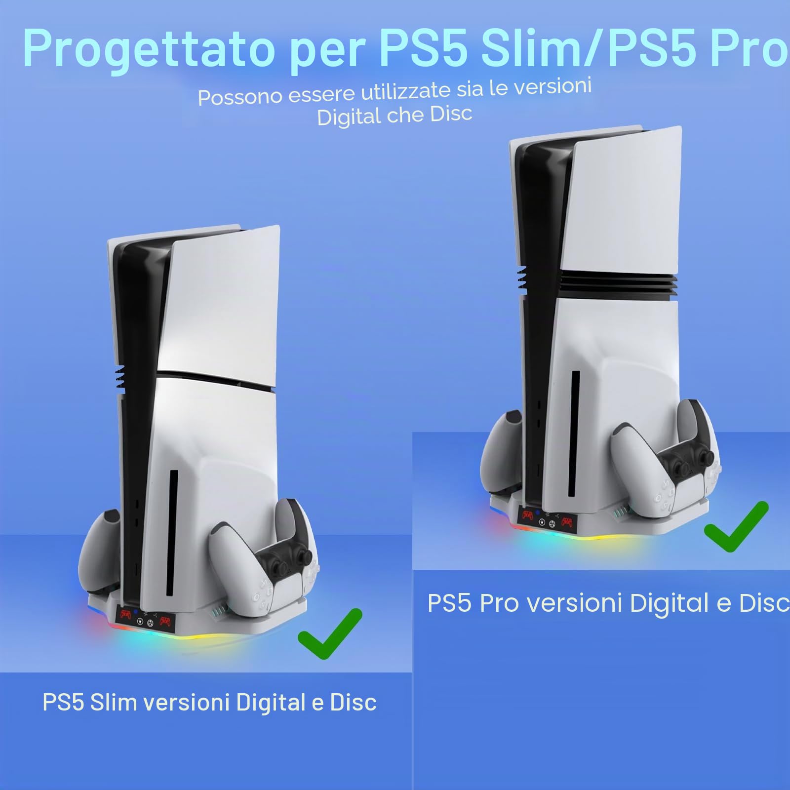 Supporto per PS5 Slim/Pro con Ventola di Raffreddamento,Base di Raffreddamento PS5 con 3 Livelli di Ventola e 2 Ricarica Simultanea di Tre Dispositivi,Accessori per PS-5 Pro/PS-5 Slim