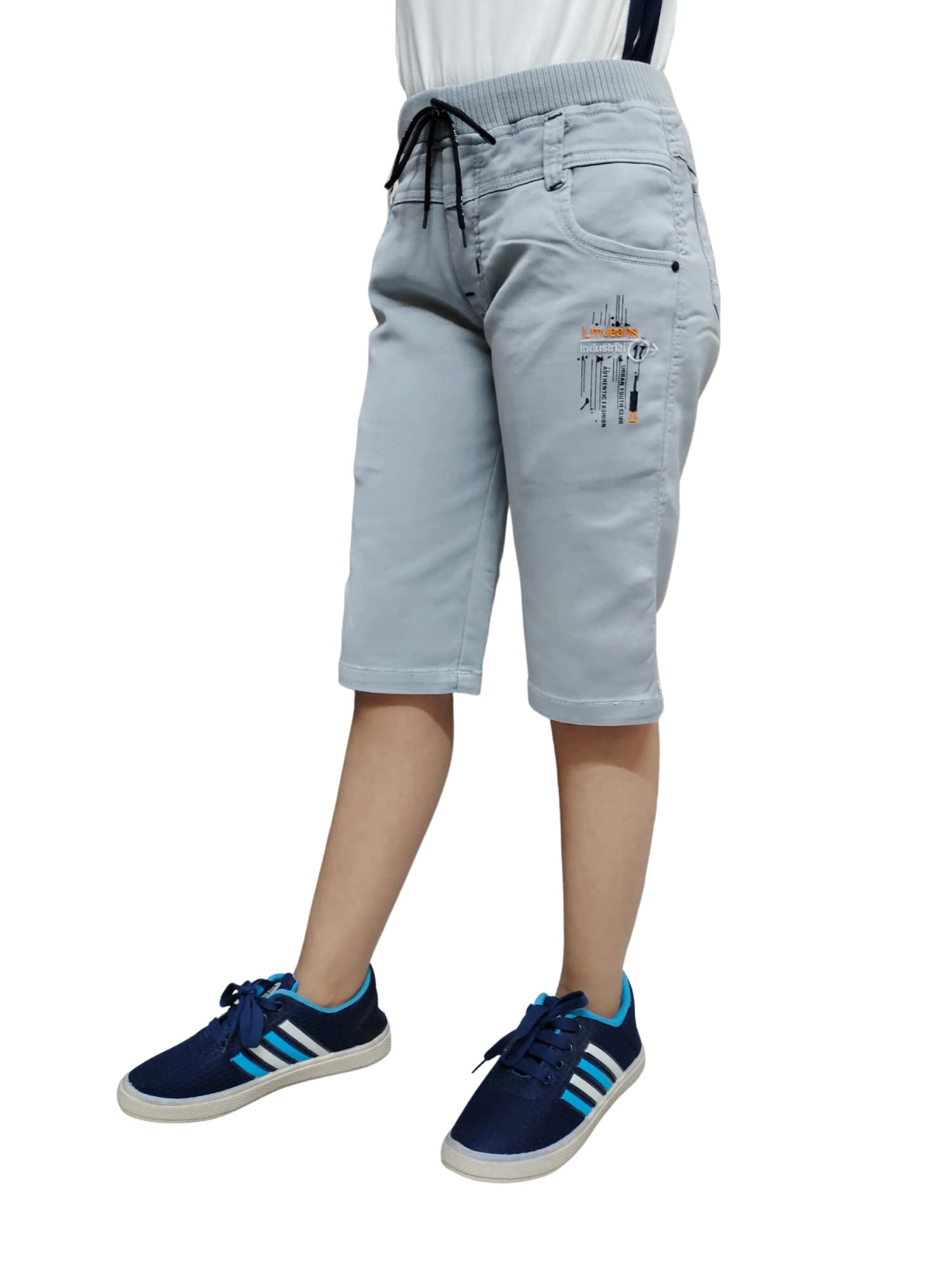 OXTRAP Boys Regular fit, Half Elastic Waistband, Stretchable Cotton Denim, Light Faded, Casual, Below Knee Length, 3/4 Shorts for Kids Boys
