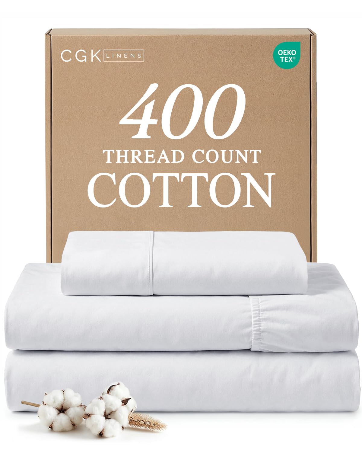 100% cotton sheets twin - 3 piece 400 thread count smooth sateen sheet set - long staple cotton bed set - ultra soft, comfy & breathable - 1 flat & 1 fitted & 1 pillowcase with deep pockets - white