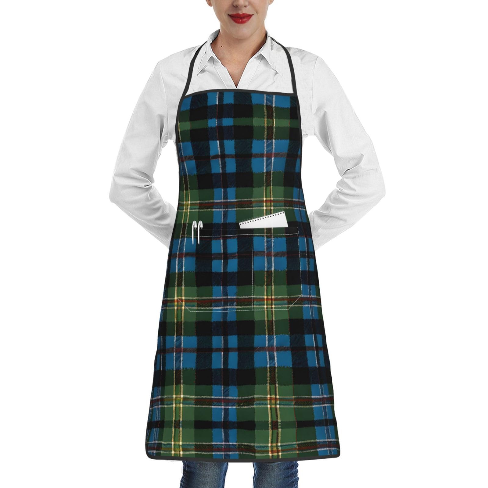 ESNAIUVCD Blue And Green Scottish Tartan Print Unisex Apron Bib Adult, Kitchen Cooking Apron For Cooking Baking Gardening, Hotel Chef Apron