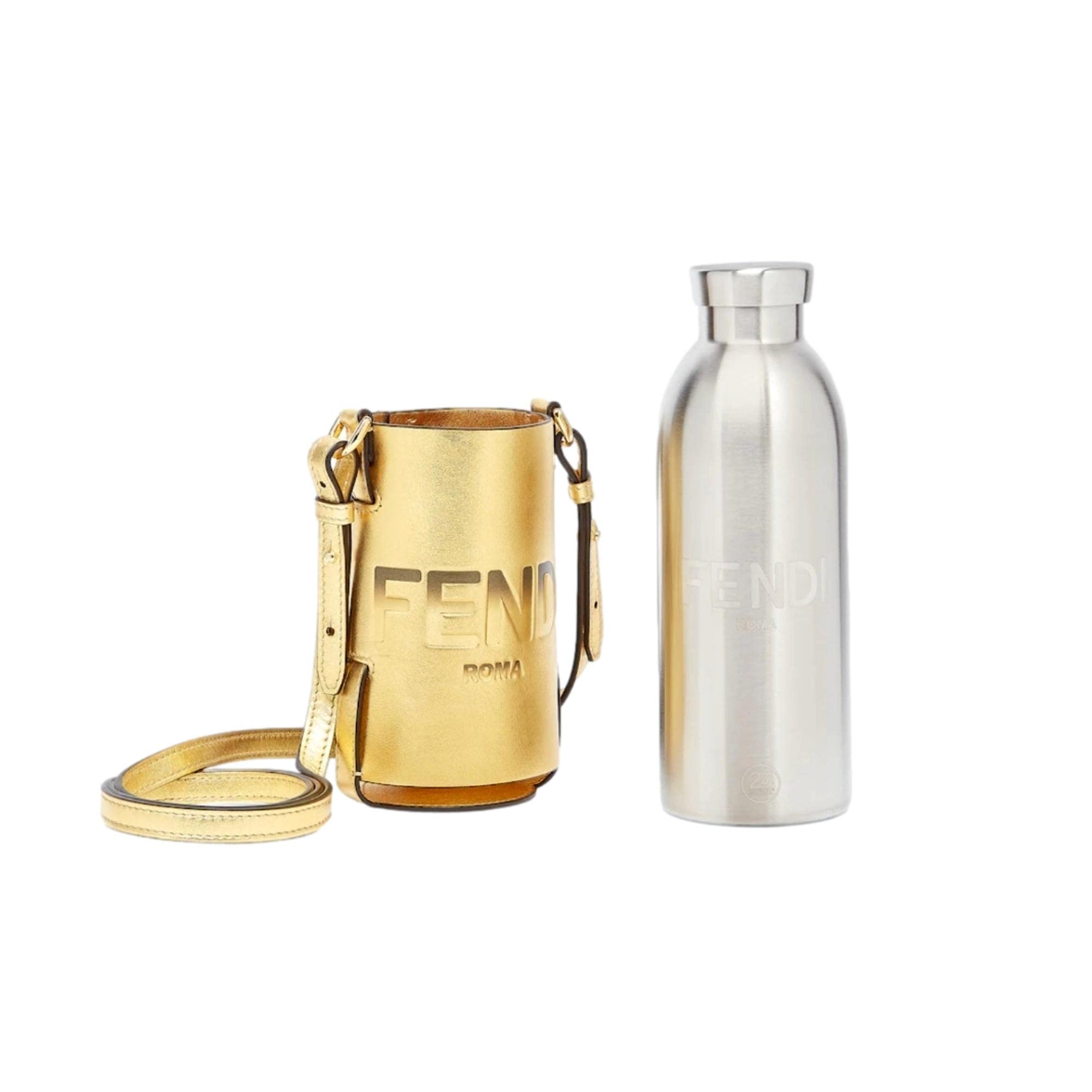  Fendi Roma Logo Steel Bottle and Gold Leather Holder Set 7AR972  : Home & Kitchen