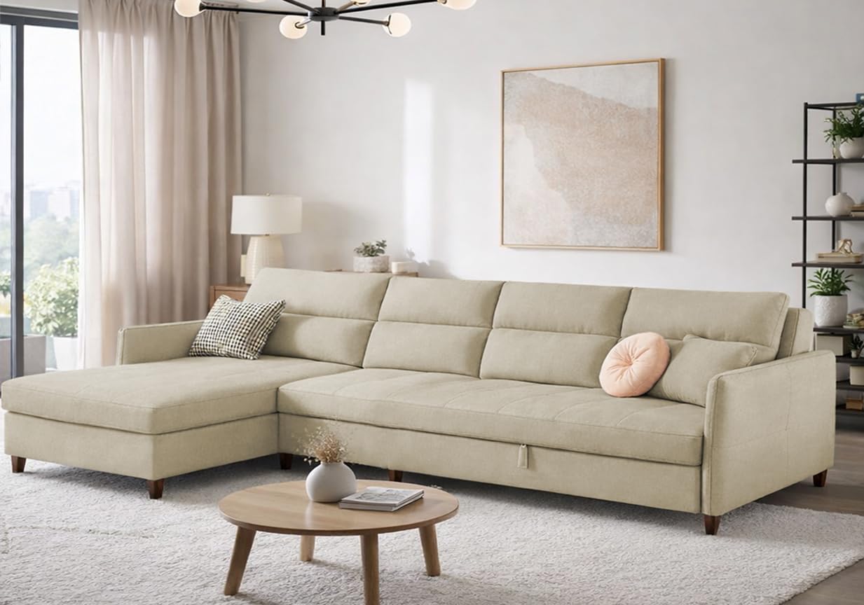 Floster LHS 6 Seater L Shape Corner Sofa Cum Bed for Living Room (Cream Fabric) Premium Fabric Sofa-image-31