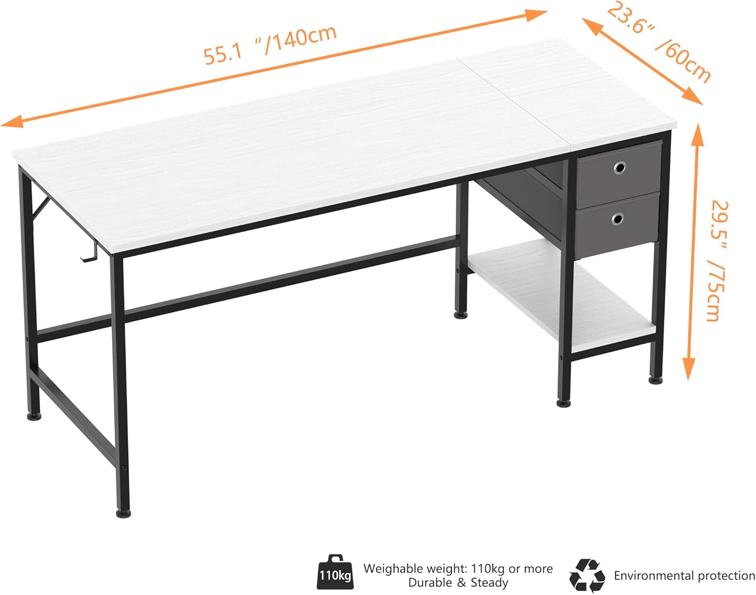 Desk dimensions: 55.1 inches length, 23.6 inches width, 29.5 inches height