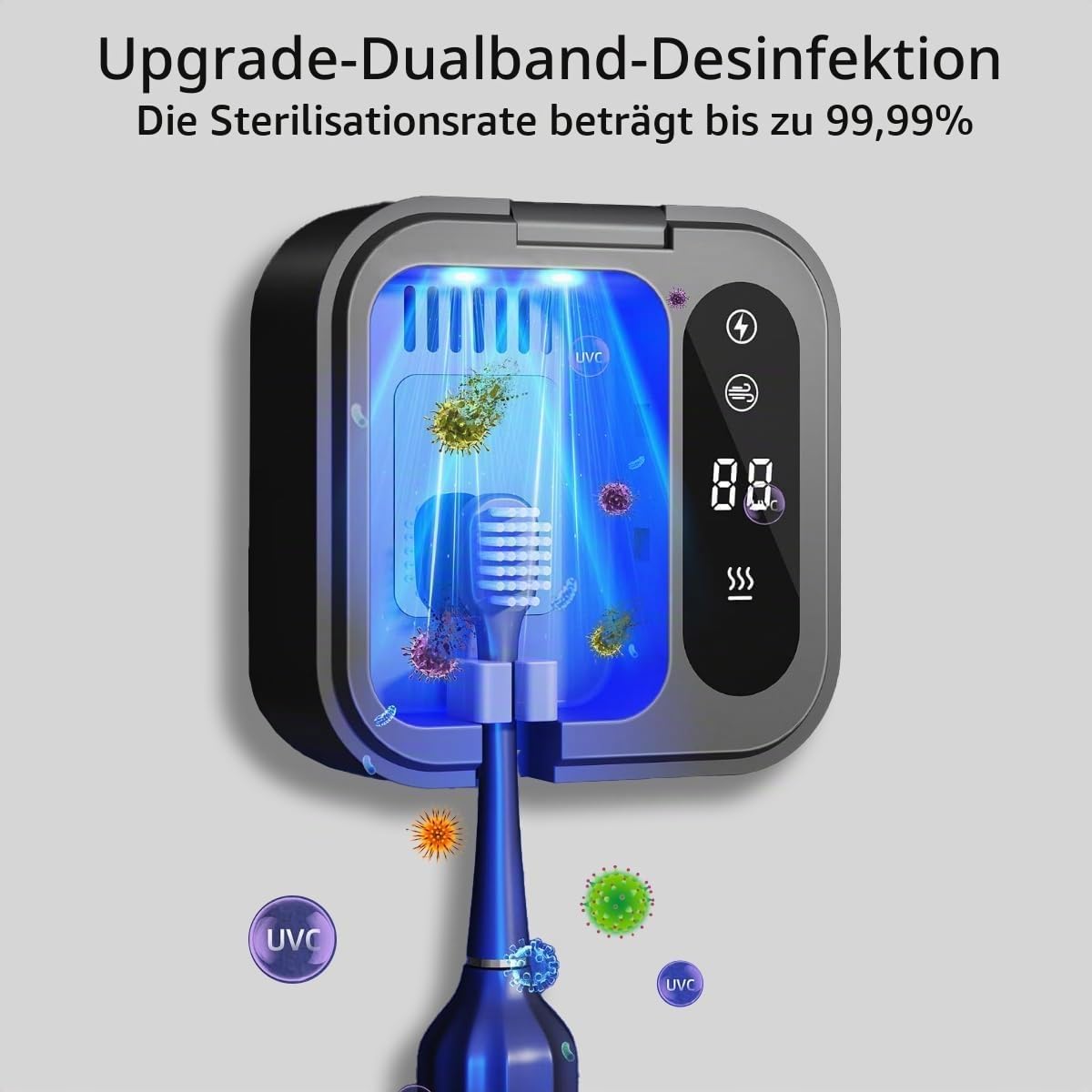Uv Zahnbürste Sterilisator Toothbrush Sanitizer Zahnbürstenhalter Ohne Bohren mit Digitaler Anzeige, Dualmodus, 99% Keimbeseitigungsrate
