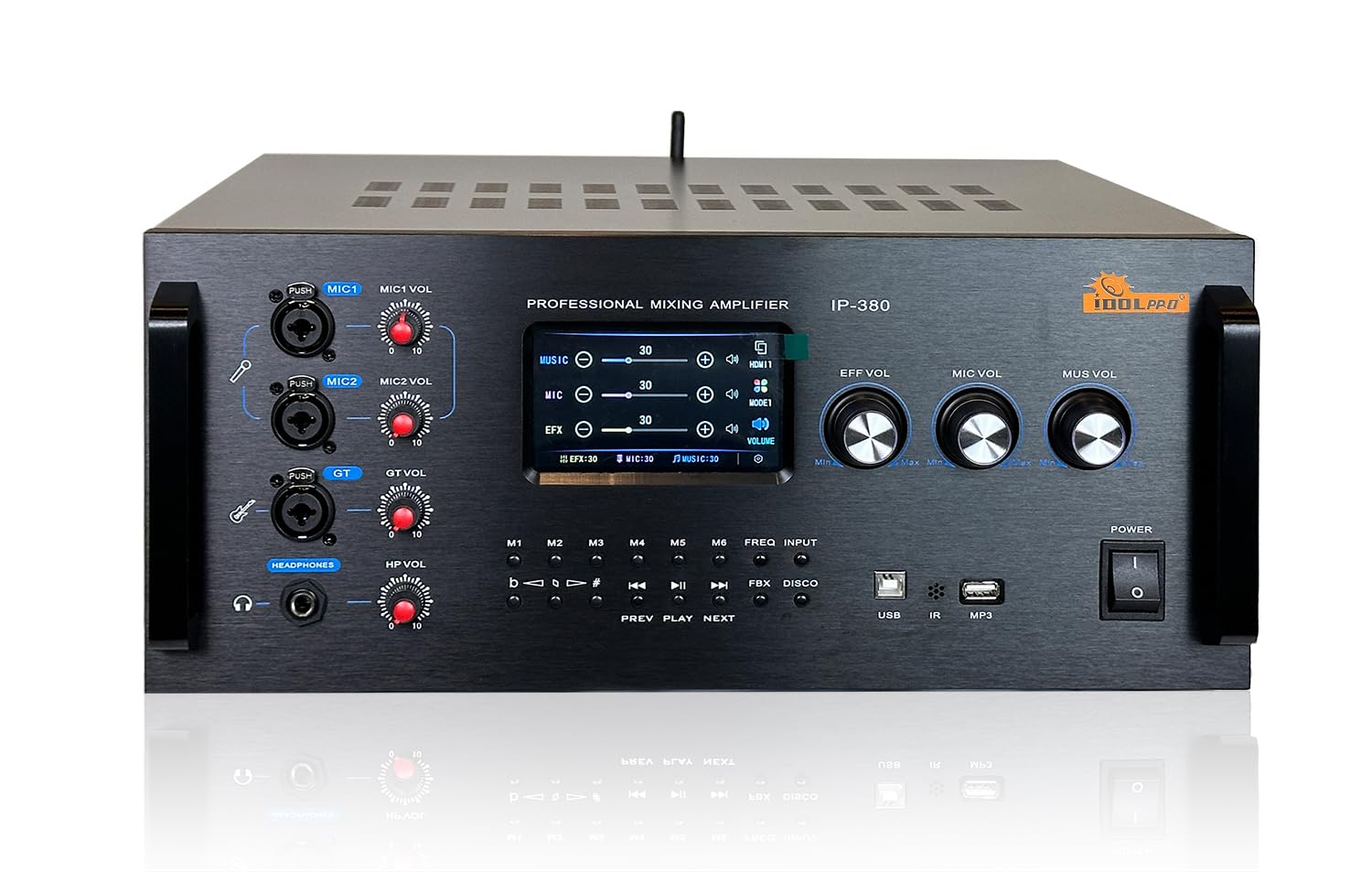 Professional Karaoke Touchscreen Mixing Amplifier IP-380, Bluetooth Compatible, 2 Mic Inputs, Digital Display, HDMI, USB/MP3 Support with 4000W Floor Standing Speakers Home Karaoke System