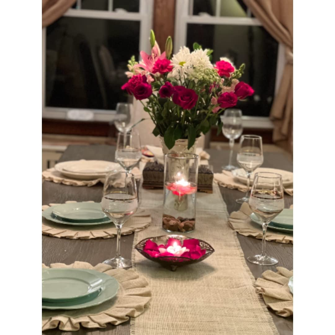 GEETUBERRY Ruffle Round Jute Burlap Placemats - Set of 6, Place Mats for Easter, Rustic Ruffle Lace - White