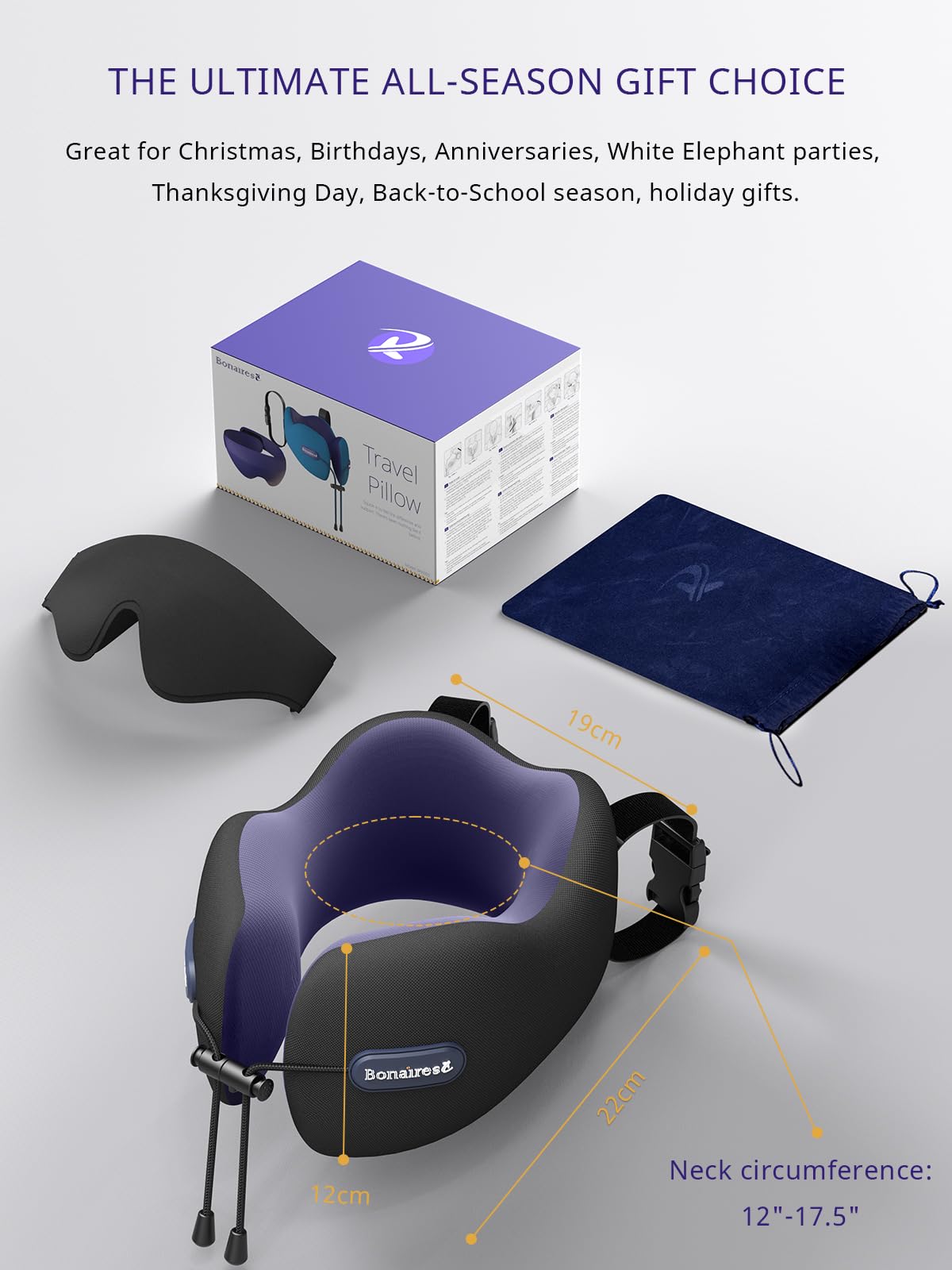 Almohada de Viaje, Almohada Cervical para Avión con Antifaz 3D y Correa de Asiento para Vuelos Largos y Viajes por Carretera, Espuma de Doble Densidad, Esencial para Viajes en Negro & Morado