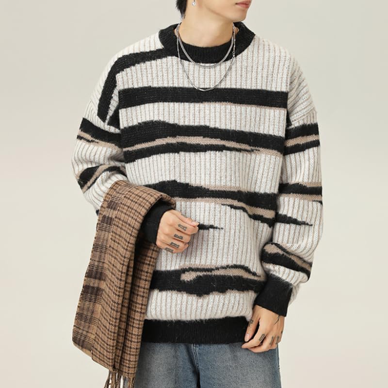 POHADON Mens Vintage Zebra Print Sweater Y2K Color Block Striped Pullover Casual Long Sleeve Crewneck Knitted Tops - Image 2