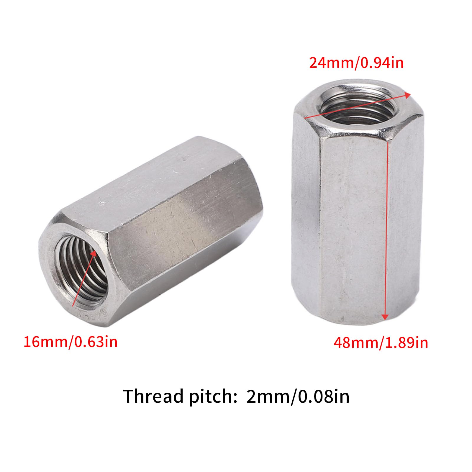 Pack of 2 M16 x 2.0-Pitch 48mm Length Metric Hex Coupling Nut 304 Stainless Steel Fully Threaded