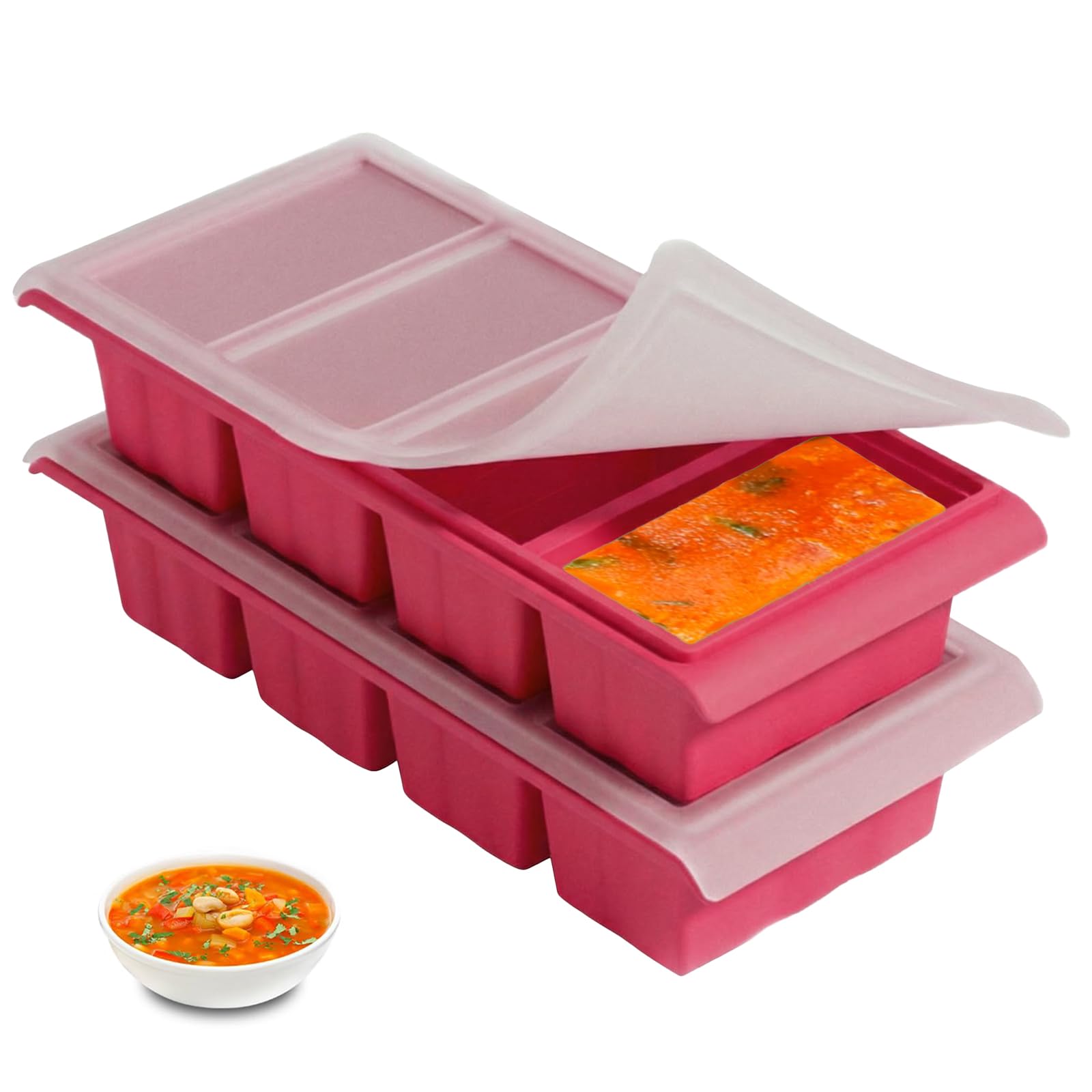 2-Pack Silicone Freezer Moulds Batch Cooking 1 Cup/250 mL Freezer Tray with Lids, Perfect for Storing Soup, Broth, Sauces, Batch Cooking and More, Oven-Safe Silicone Freezer Moulds(Red)