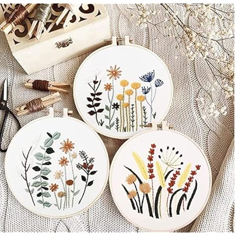 Weinsamkeit 3 Stück Stickerei Starter Kit mit Muster und Anleitung, Anfänger Stickerei Set Stickerei Set, Blumenmuster Pflanzen Kreuzstich-Kit Starter Tools Kit, für DIY Kunst, Handwerk, Nähen Cover