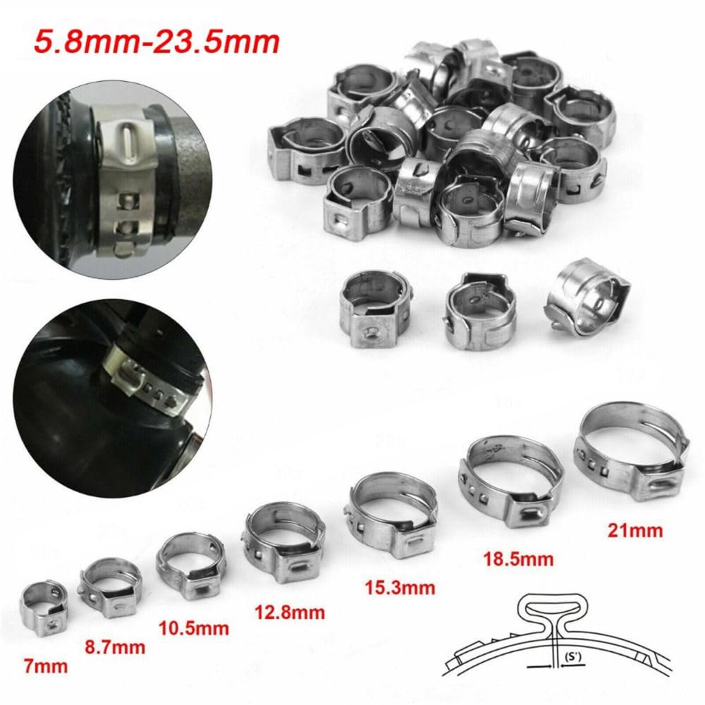 Collier de serrage à une oreille, Assortiment de 10 colliers de serrage à oreille en acier inoxydable 304, 5,3 à 31 mm, spécifications multiples(7.0 8.7mm)