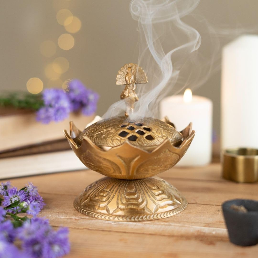 RITUALISTIC Lotus Brass Loban Gold Burner Dhooni Dhoop Dhuni Incense Holder Pure Brass Home Decor Living Room Pooja Room Decor Fills House with Positive Energy Washable Clean Soft Cloth