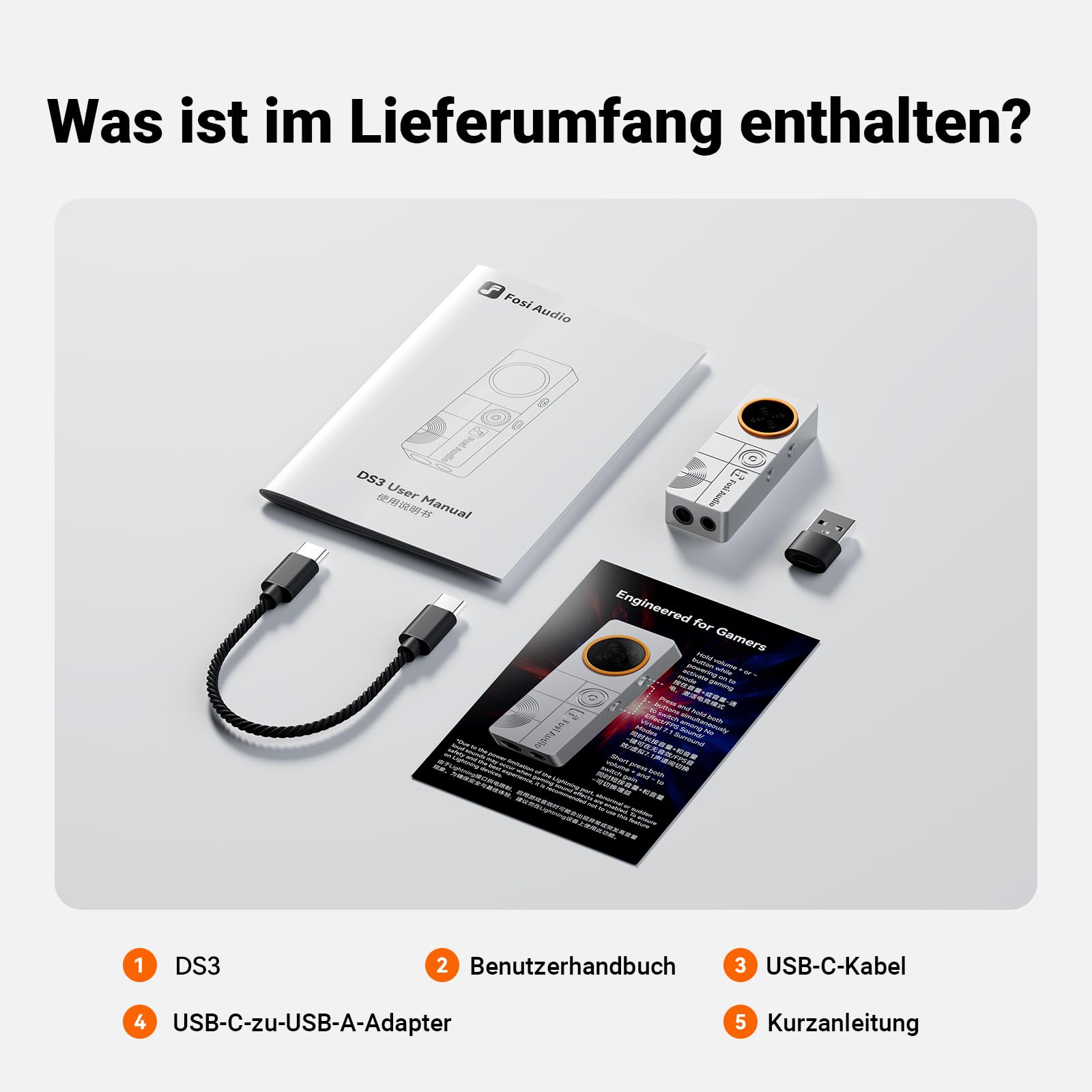 Fosi Audio DS3 USB-C DAC-Verstärker-Dongle, Tragbarer Kopfhörerverstärker mit Gaming 7.1 Spatial Audio,ES9039Q2M XMOS POWERED, DSD512, 3,5 mm Single 4,4 mm Symmetrisch für PC/Telefon/PS5/Switch,Silber