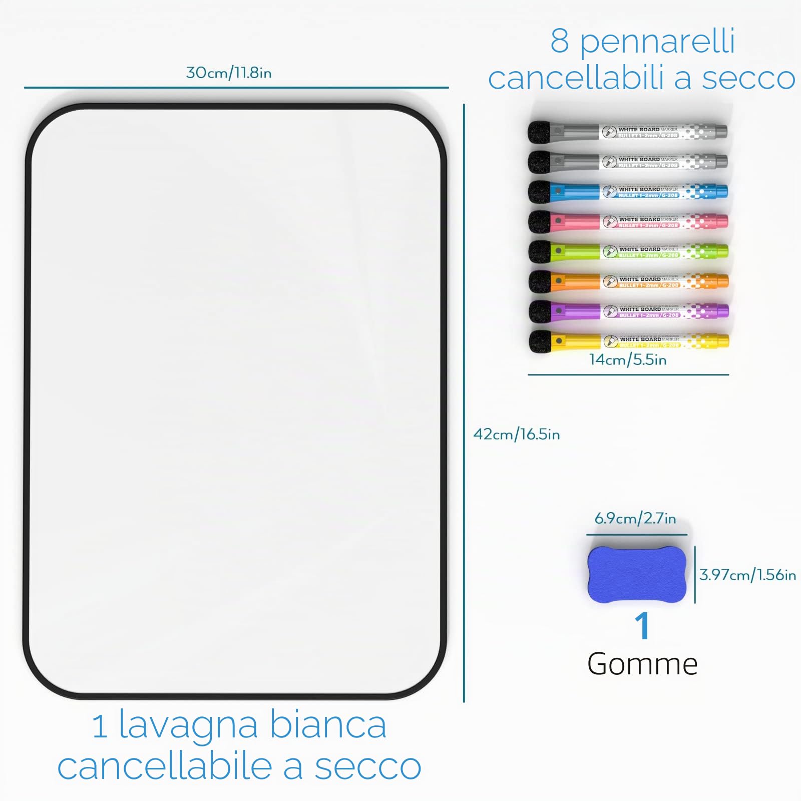 Nicpro A3 Magnetiche Lavagna Cancellabile, 30x 42 cm Piccola Spesso Lavagna Bianche Cornice Nero Con 8 Colorata Pennarello, 1 Gomma a Secco Per Disegno, Scuola, Casa, Ufficio - Doppia Faccia