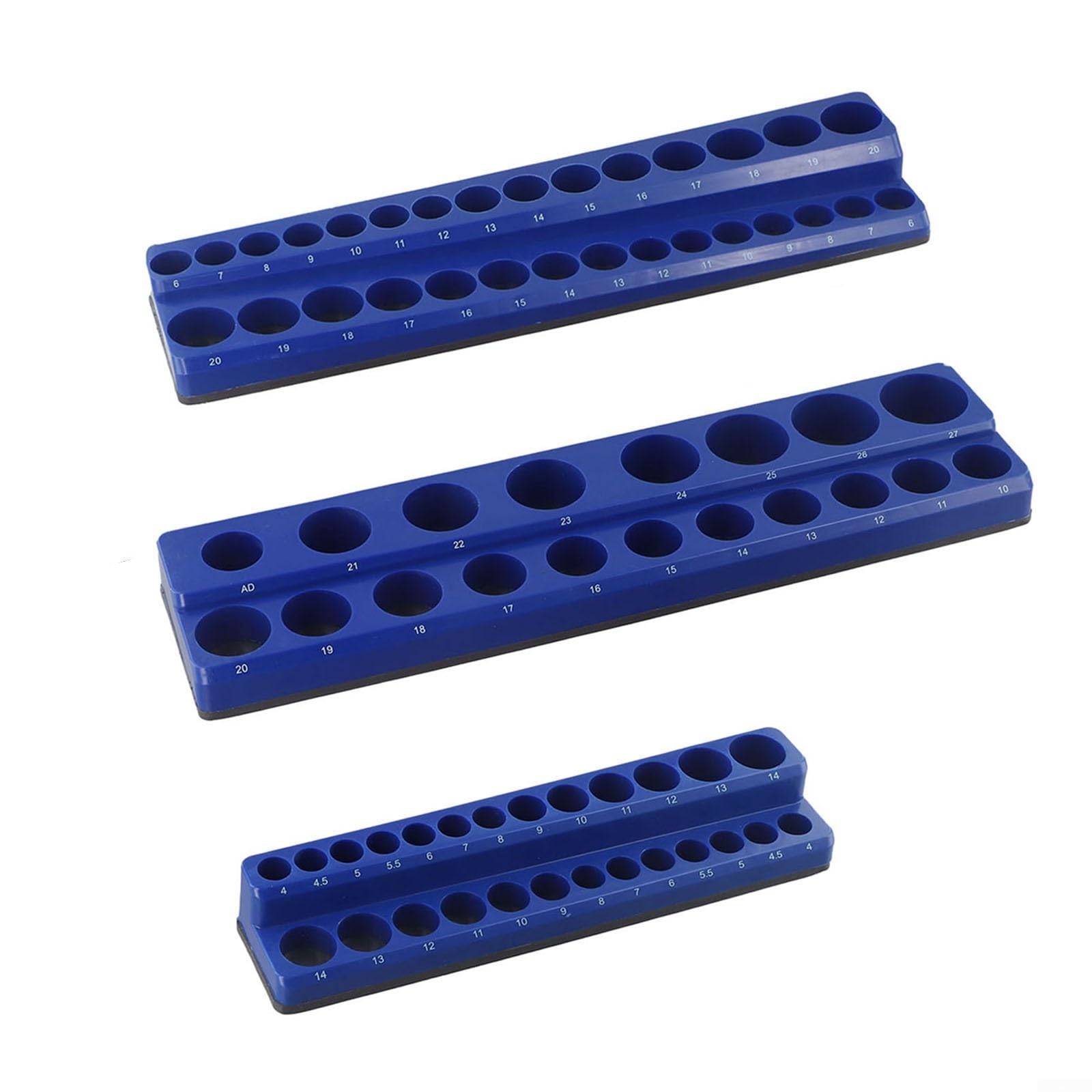 Supporto organizer per chiavi a bussola per chiavi a bussola metriche e SAE da 1/4", 3/8" e 1/2", vassoio magnetico in plastica con base antigraffio gommata, set da 3 pezzi (blu)