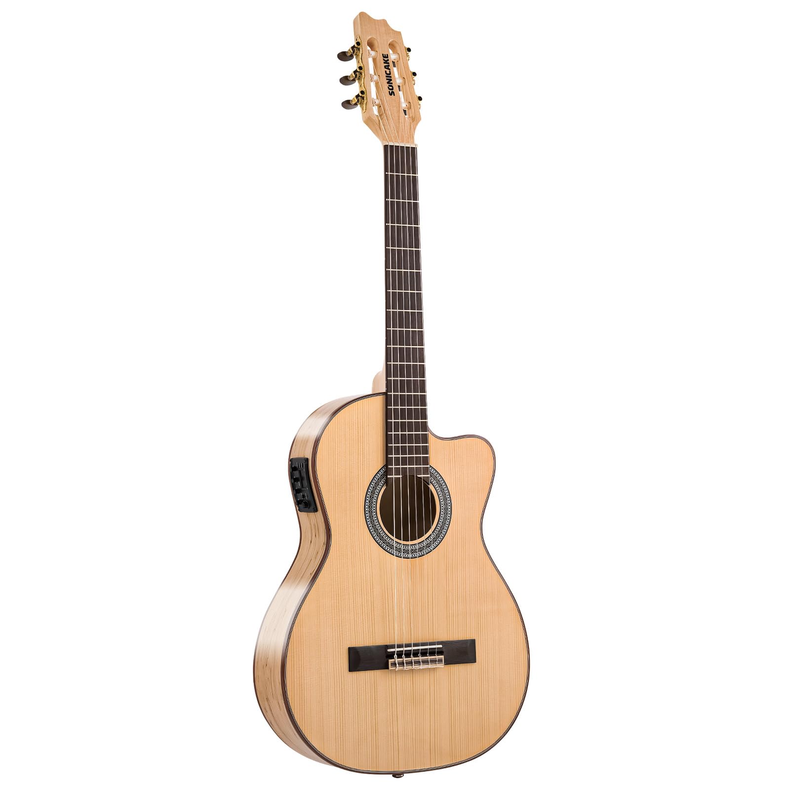 SONICAKE 39" Guitarra Acústica-Eléctrica Crossover | con Afinador, Pastilla y Preamp, Tapa de Picea Maciza, Cuerpo de Arce Vetado, EQ de 3 bandas, Cuerdas de Nylon QGT-30