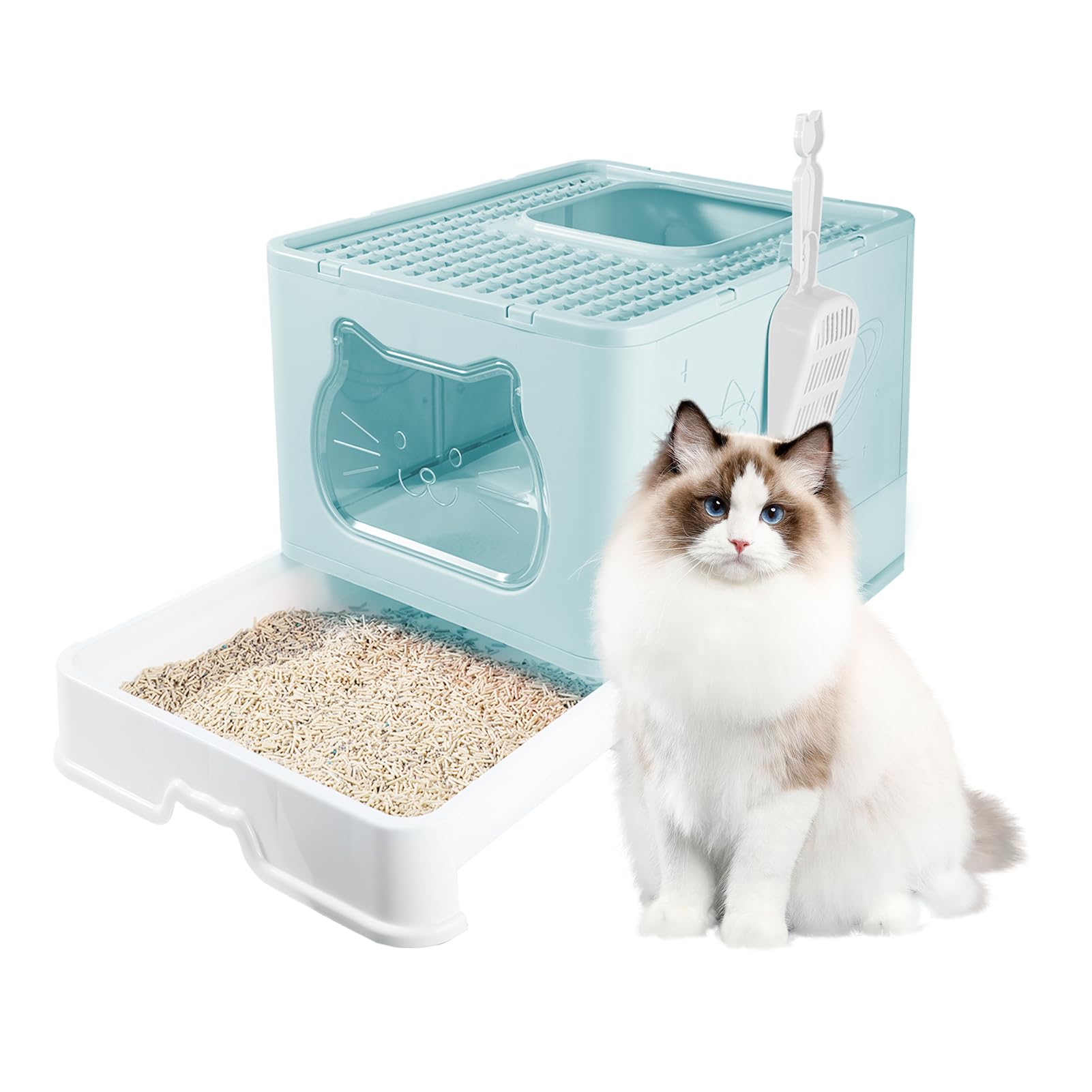 LN Cozy CORNE Large Foldable Cat Litter Box with Slide-Out Tray, Scoop, Hooded Litter Tray with Flap Door, Anti-Splashing Portable Enclosed Cat Toilet for Big Cats, 50 * 40 * 38cm Blue