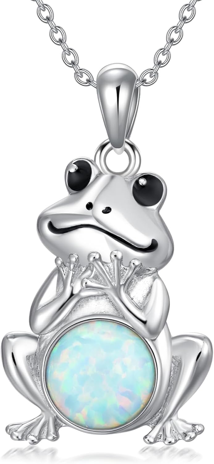 S925 Sterling Silver Frog Necklace wiht Opal Jewelry for Women Cute Frog Stuff Real Opal/Turquoise/Moonstone/Moss Agate Necklace Pendant Good Luck Gift