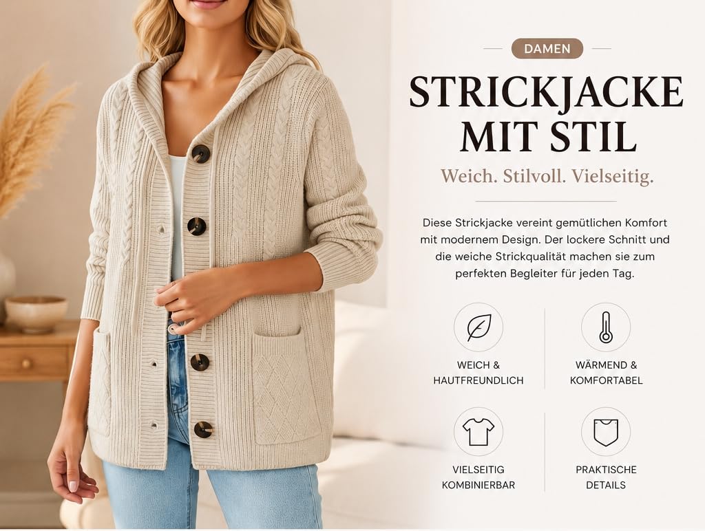 Gilet À Capuche Oversize en Maille Torsadée pour Femme Manches Longues Fermeture Boutonnée Pull en Grosse Maille Veste De Mi Saison pour L'Automne et l'hiver Tenue Décontractée