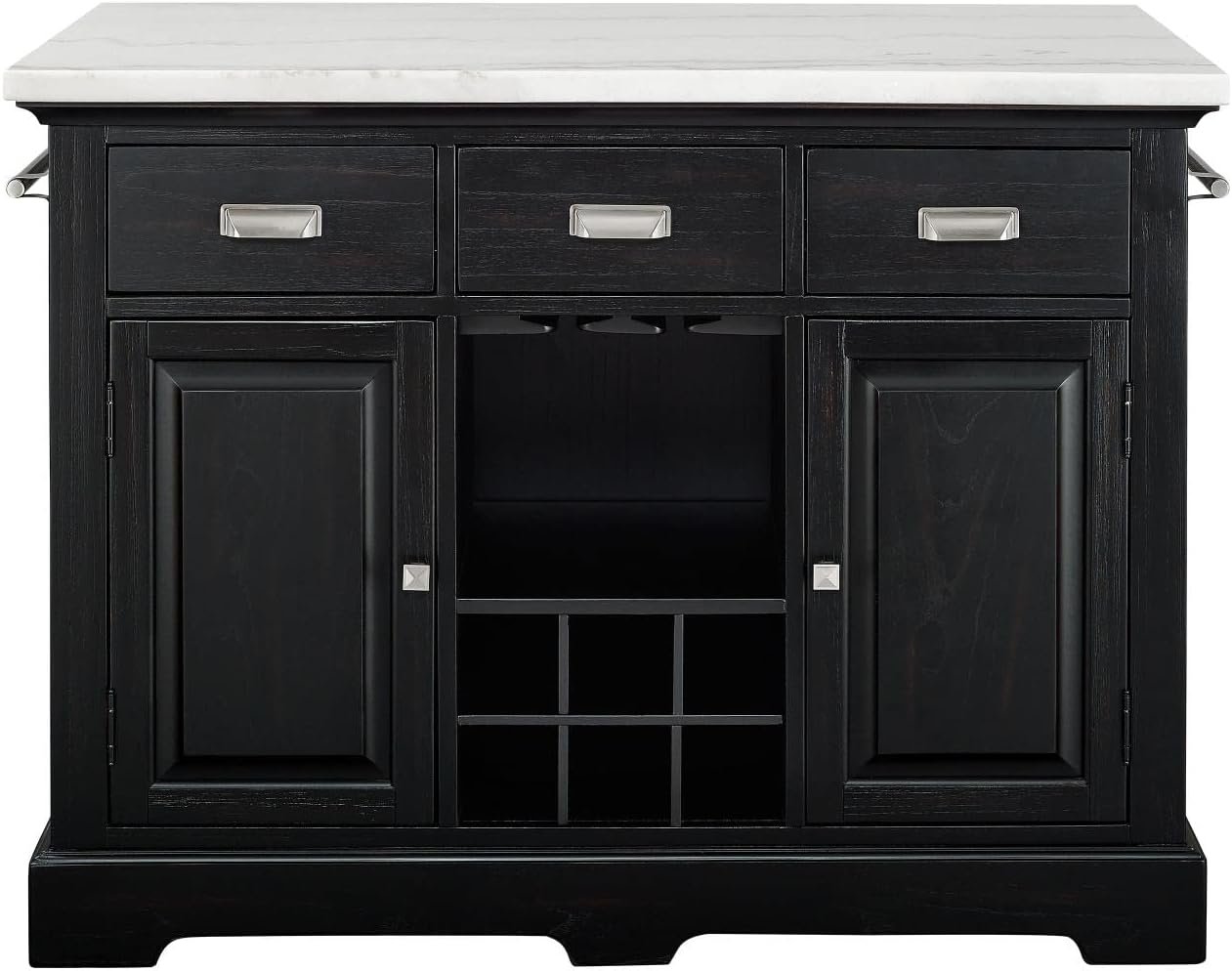 Steve Silver Furniture Aspen Marble Top Kitchen Island 3pc Set, Storage Drawers, Cabinets, Wine Rack, Towel Rack, Kitchen Cart, 28" L x 48" W x 36" H, Black, White