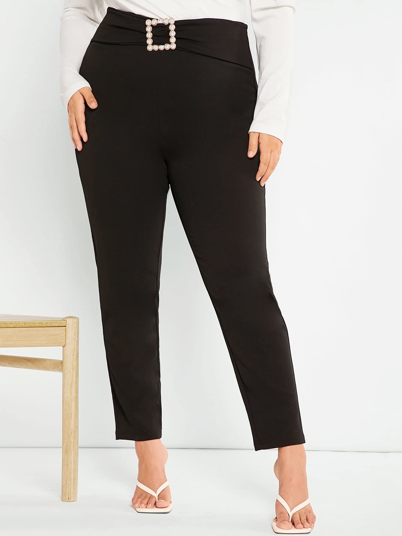 Womens Plus Size Fashion Casual Pants Plus Buckle Waist Solid Pants Leisure Comfortable Fashion Special Novelty Color Black