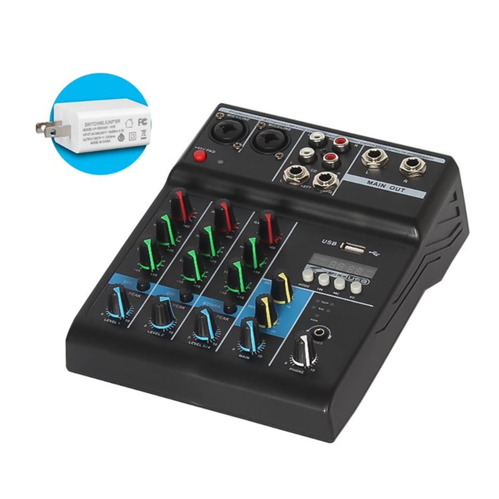 Mikser dźwięku stereo, konsola audio, 4-kanałowa konsola miksująca dźwięk Bluetooth do interfejsu DJ-a, cyfrowy stół, nowa karta, jakość dźwięku