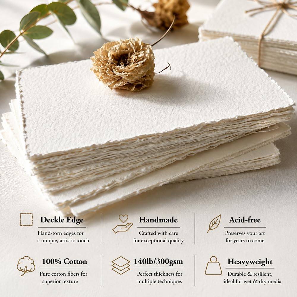 Deckle Edge – Papier aquarelle 100 % coton, 63,5 kg, 300 g/m², 30 feuilles de papier mixte pour technique sèche et humide, les cartes vierges tumuarta sont parfaites pour les cartes de vœux et les