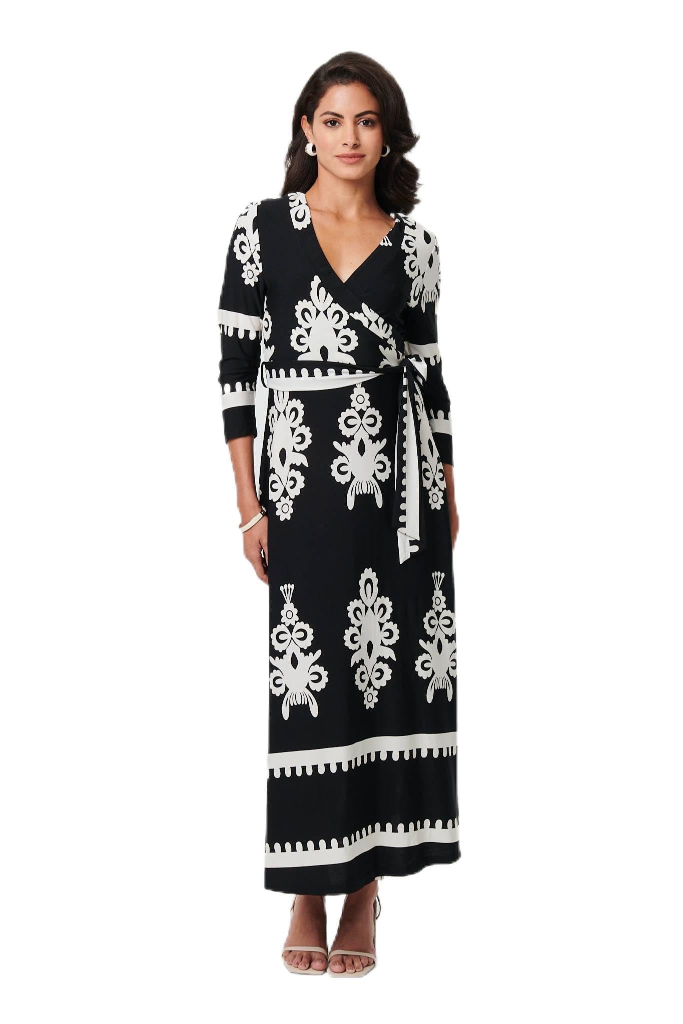 Izabel London Black Ikat Print 3/4 Sleeve Wrap Maxi Dress - 12