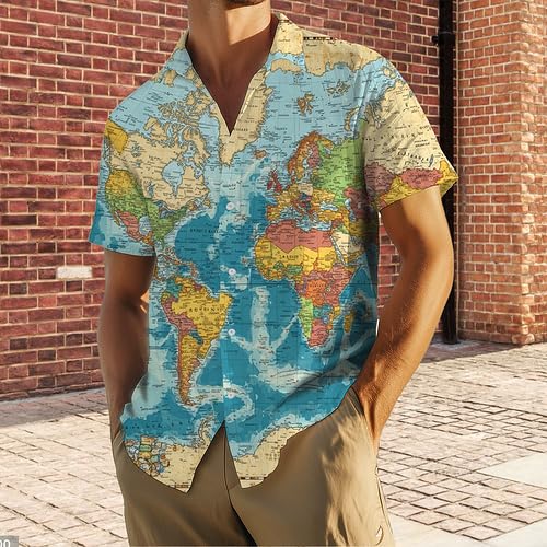 Map Shirt,Men's Tropical Shirt World Map Print | Casual Vacation Beach Top Lapel Clothes for Dating Cruise Travel4