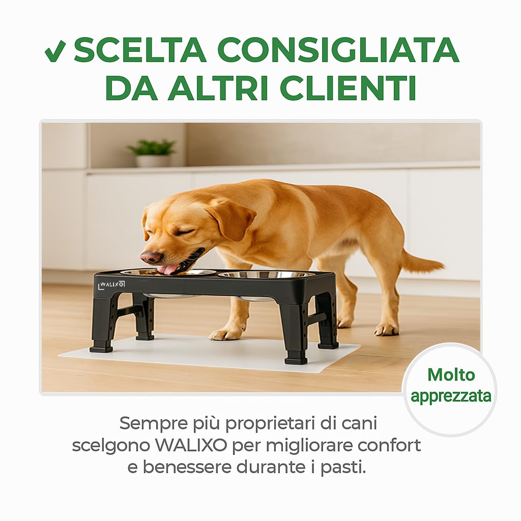 Ciotole Rialzate Cane Regolabili 5 Altezze – Ciotola Rialzata Set 3 in 1 con 2 Ciotole Inox 1200ml + Ciotola Anti-Ingozzamento 800ml, Tappetino Antiscivolo, per Cani Piccoli Medi Grandi