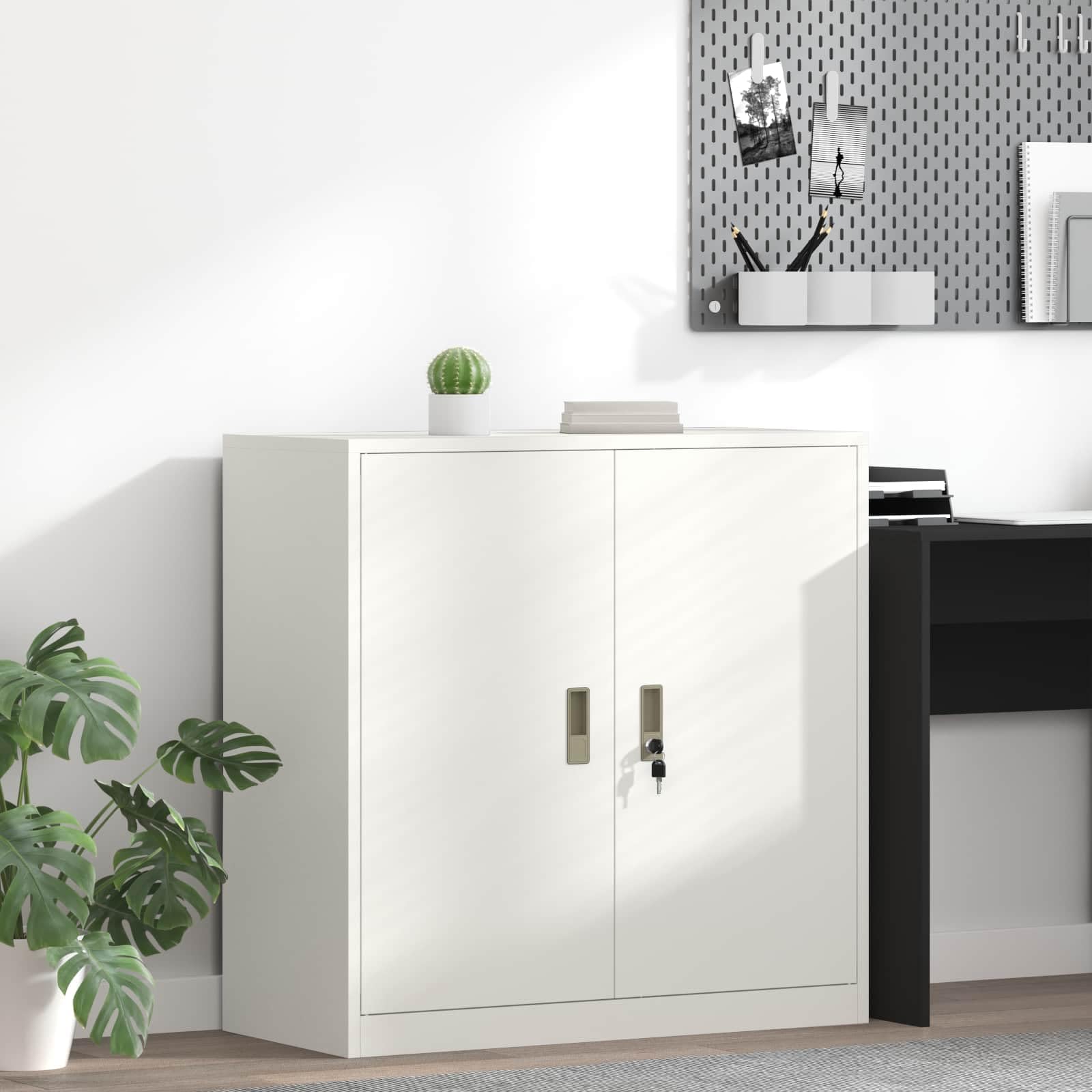 Armoire de rangement de bureau blanche 90 x 40 x 90 cm en acier avec portes verrouillables pour une organisation efficace et un rangement sûr des documents