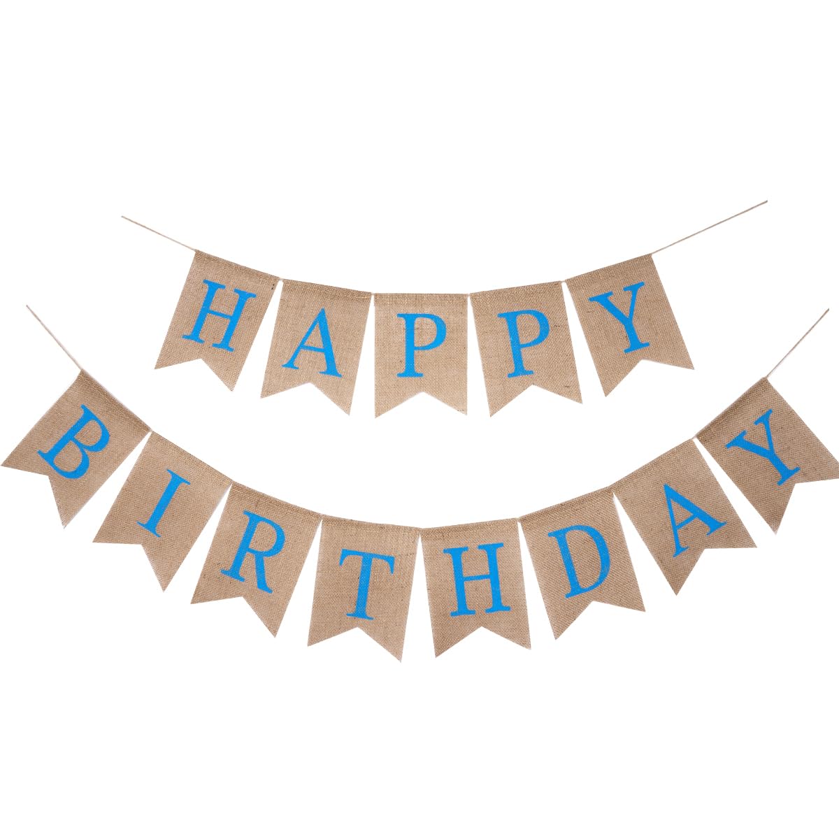 Happy Birthday Wimpelkette aus Sackleinen, braunes Stoffbanner mit blauen Buchstaben für die Geburtstagsparty-Dekoration zu Hause oder draußen