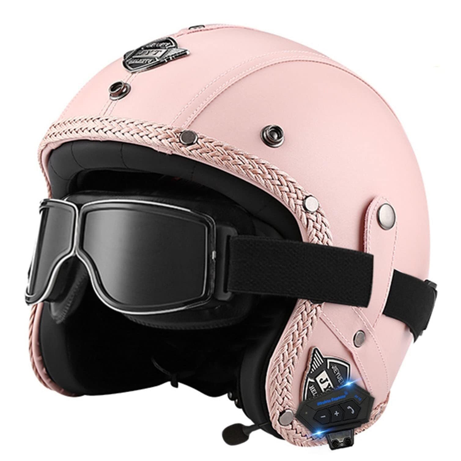 Casque de moto Bluetooth 3/4 jet avec microphone intégré et lunettes