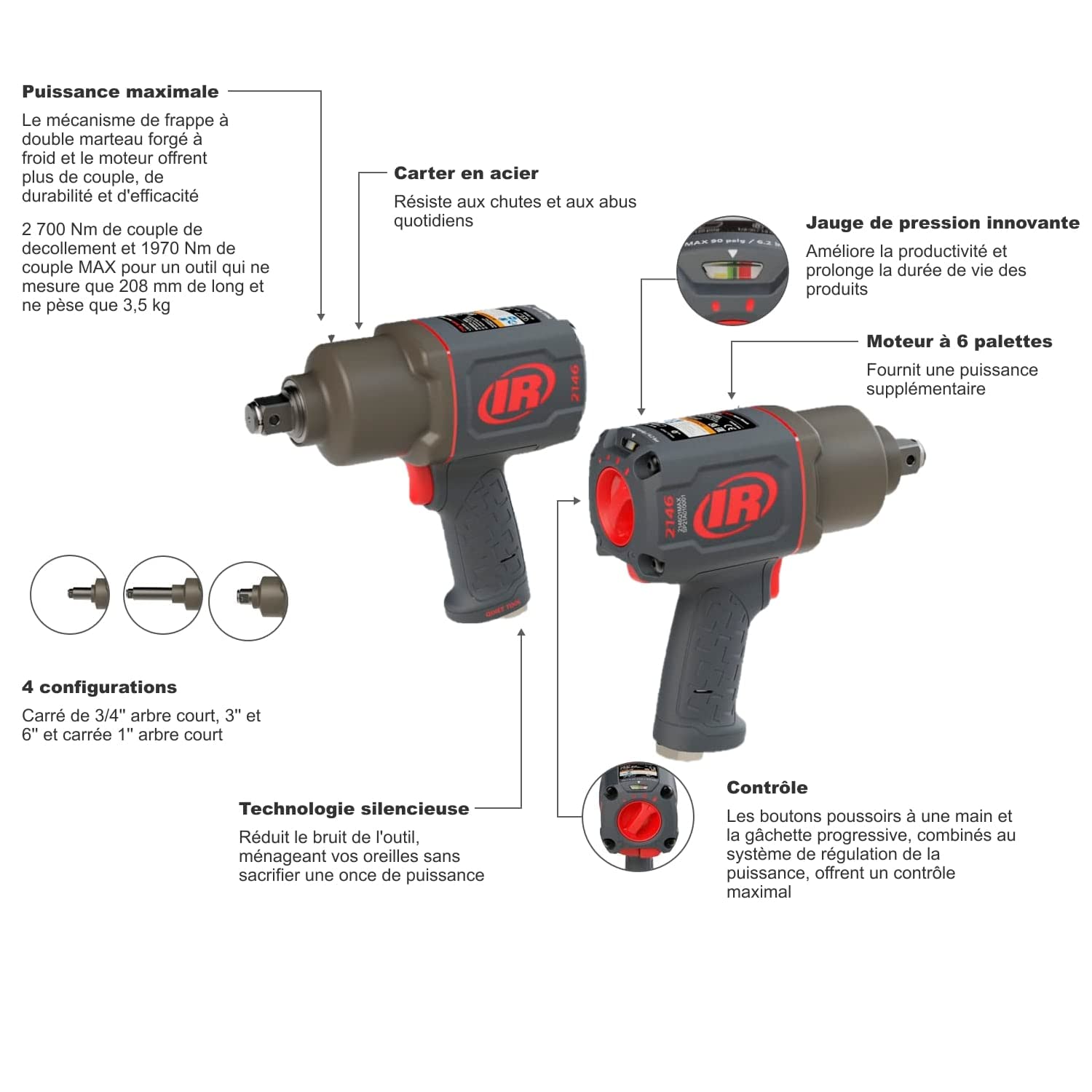 Ingersoll-Rand 2146Q2MAX Clé à Chocs Pneumatique, 1 Pouce, Composite, Faible Bruit, 1970 Nm de Couple, Légère et Durable, 1 Unité