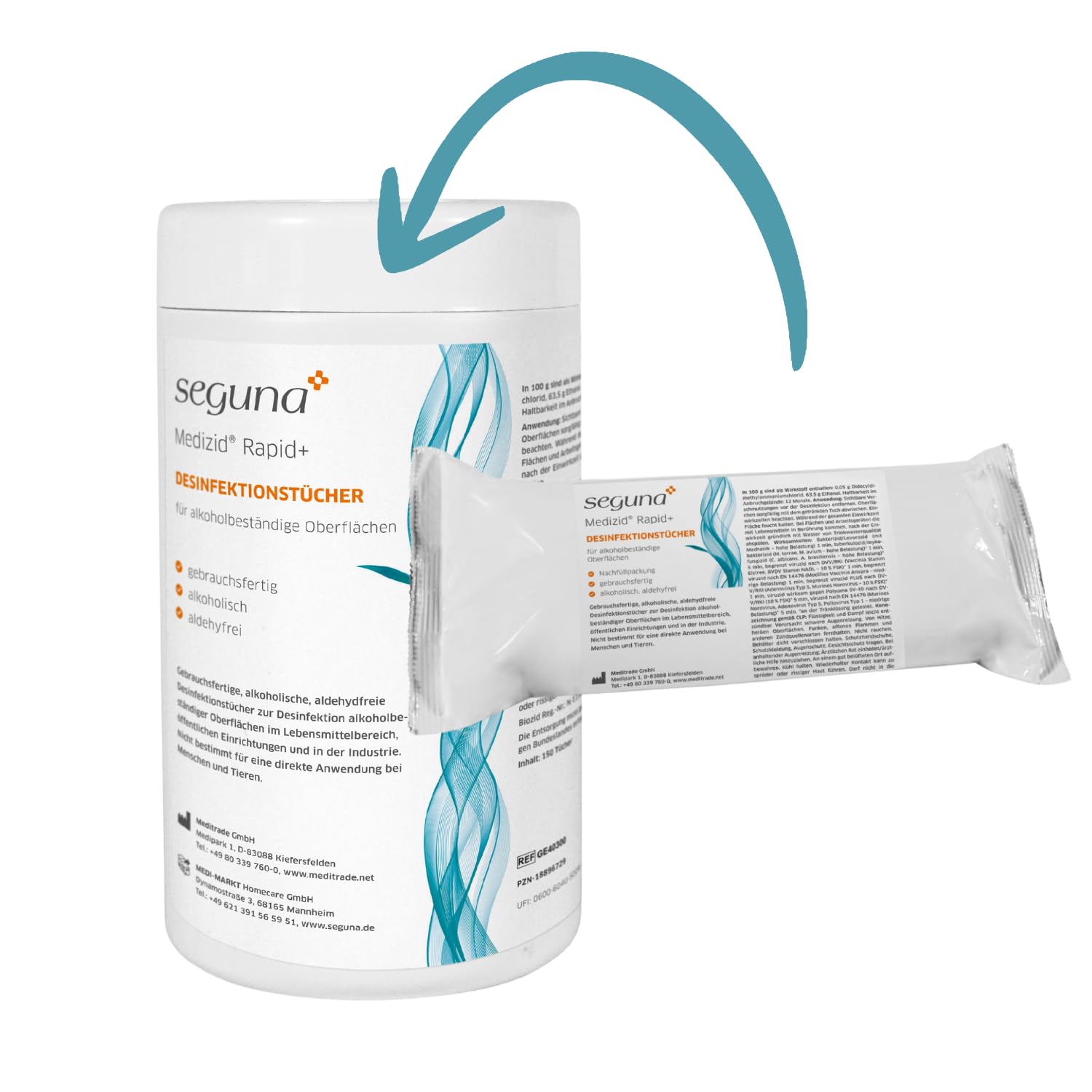 SEGUNA Desinfektionstücher-Set, 1 Dose + 1 Nachfüllbeutel mit je 150 gebrauchsfertigen Tüchern, Flächendesinfektionstücher