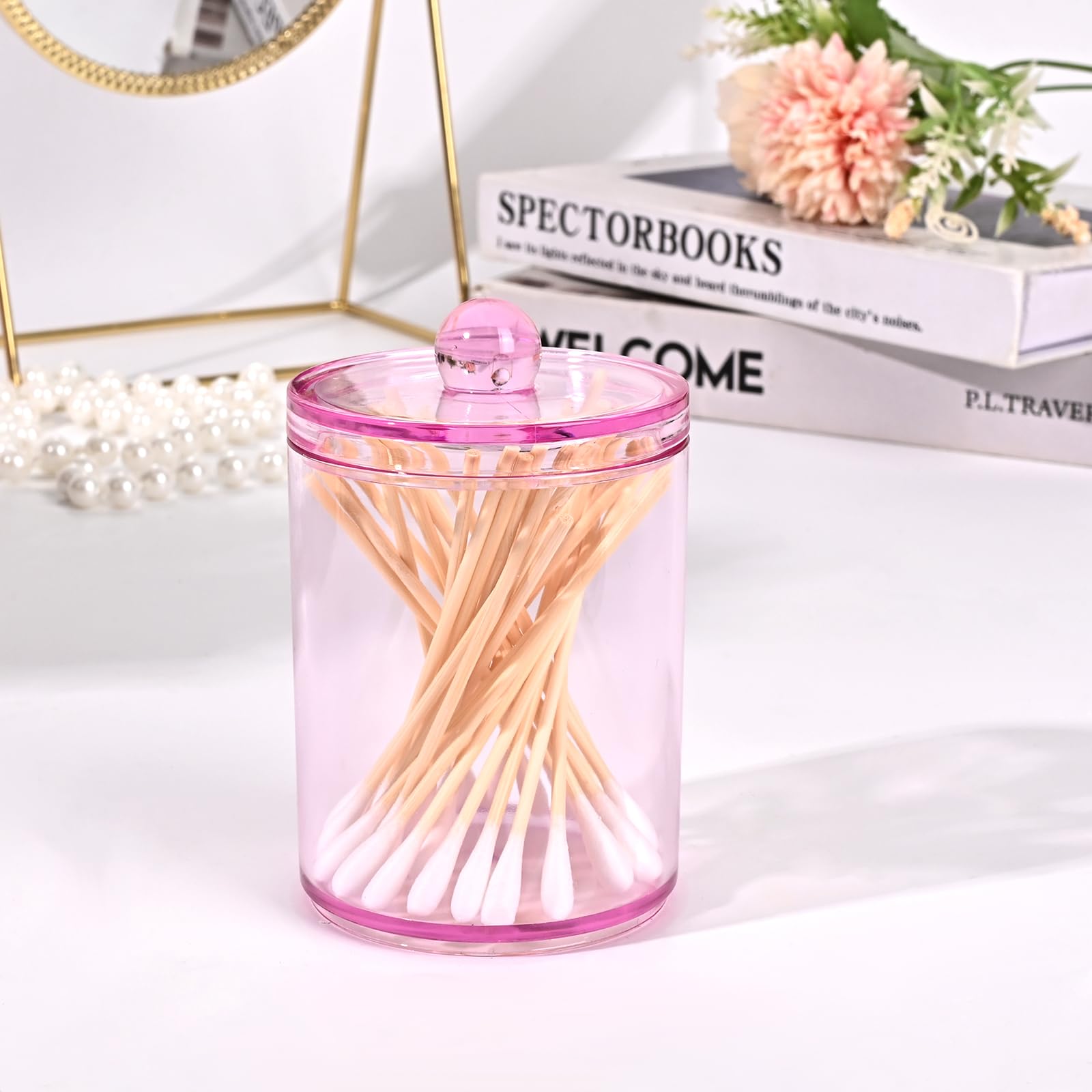 Qtip Holder Dispenser 10 oz 12 oz Plastic Apothecary Jar Set for Bathroom Canister Storage Organization Vanity Makeup