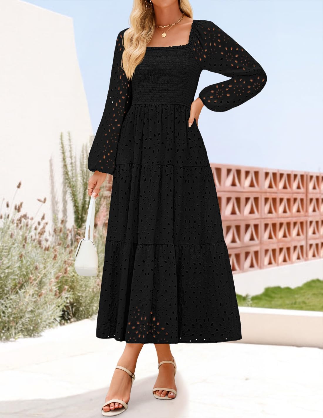 ZESICA Women's Spring Long Sleeve Maxi Dresses 2026 Square Neck Hollow Out Eyelet Smocked A Line Cocktail Party Dress - Image 2