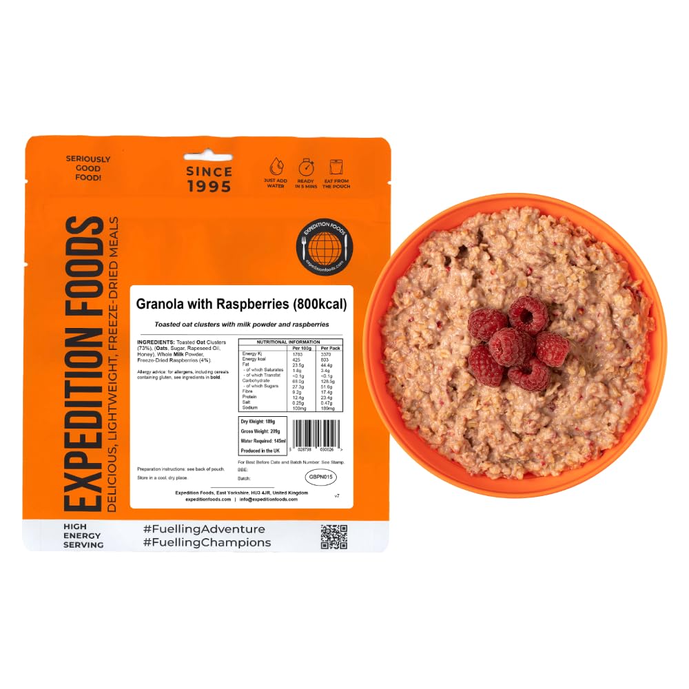 EXPEDITION FOODS Granola with Raspberries (High Energy Serving / 800KCAL) | Freeze-Dried Camping & Hiking Food