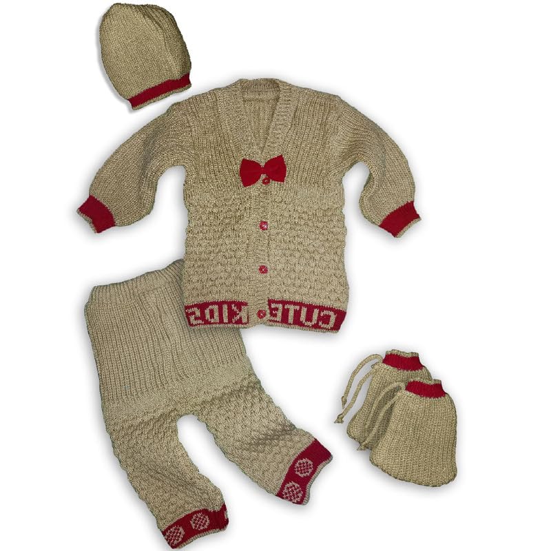 Image of Baby Unisex New Born Baby Boys Girls Soft Comfortable Trendy Woolen Round Neck Stripe Sweater Set with Payjami, Cap and Pair of Booties for Toddlers