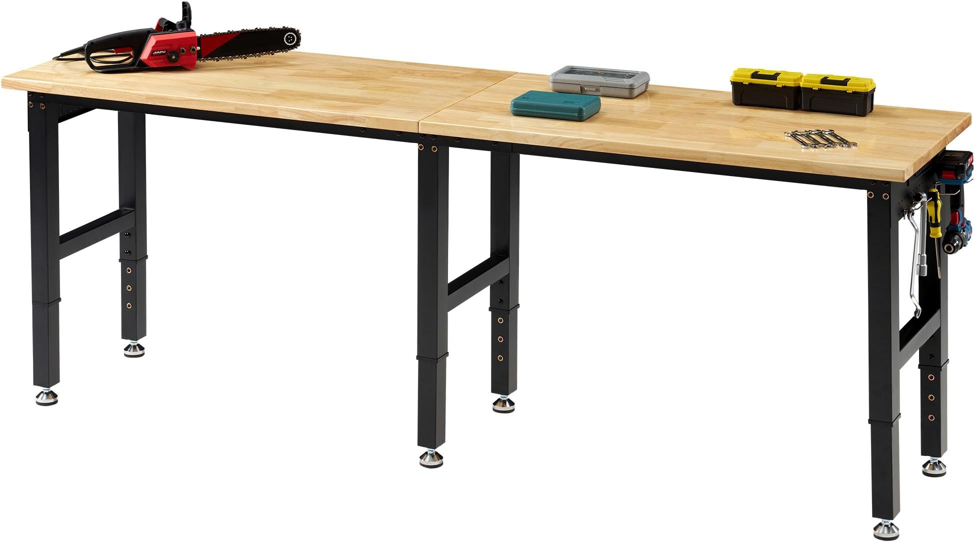 Albott 96x24 in Adjustable Workbench with Power Outlets, 6000 LBs Heavy Duty Wood Workbench with Hooks, Solid Rubber Wood Top for Garage, Workshop, Woodworking, Home Office