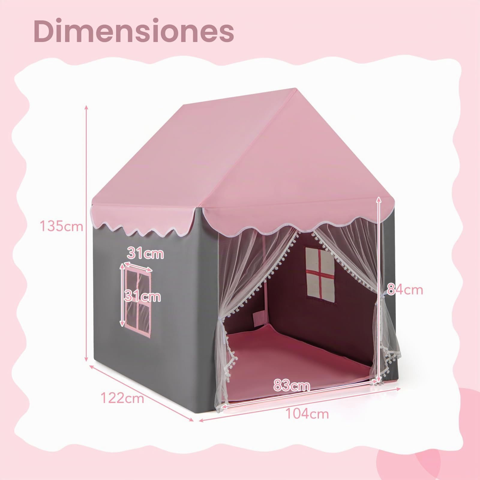 GOPLUS Tienda Campaña Infantil, Tienda de Princesa con Luces de Estrellas, Plegable Play Carpa, Cabaña, Playhouse Toy para Juegos de Interior y Exterior, con Ventana de Malla, Alfombra de Algodón